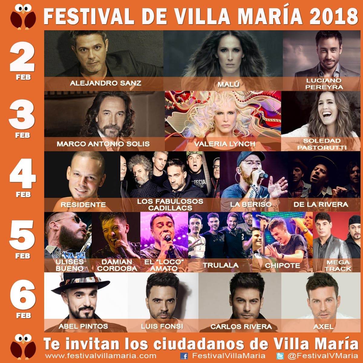 Grilla Artistas Festival Villa Maria 2018