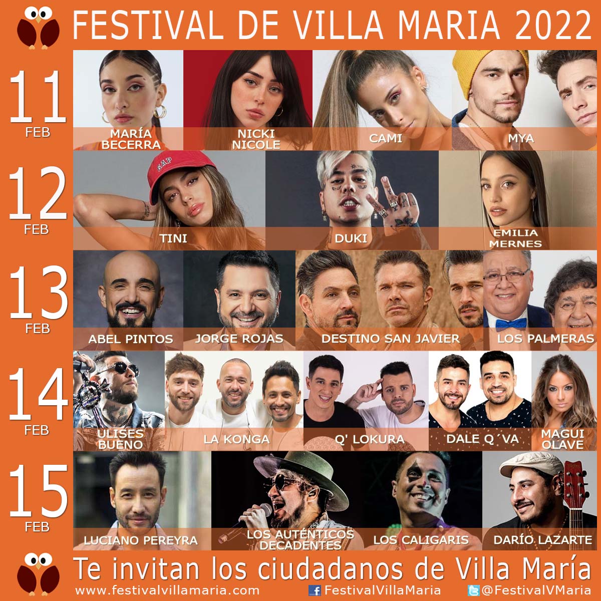 Grilla Artistas Festival de Villa Maria 2022
